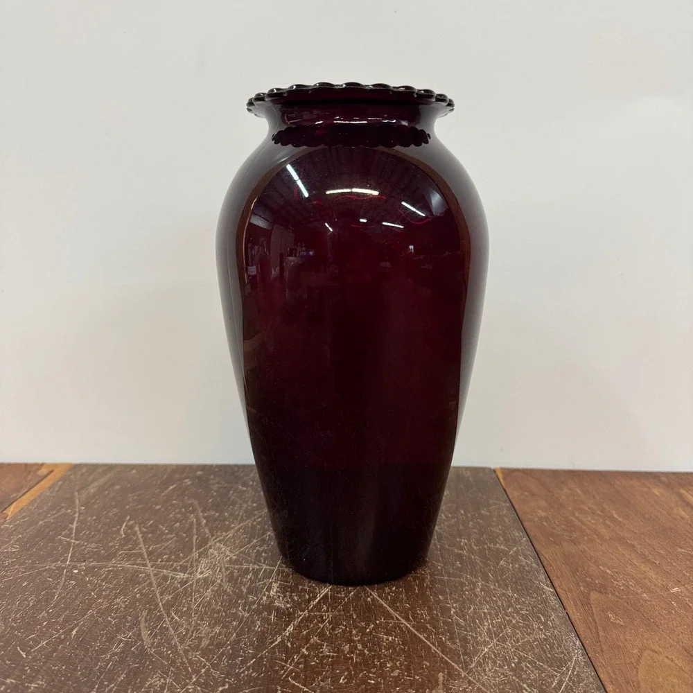 Ruby Red MCM Glass Vase with‎ Ruffled Rim Home Decor Flower Vase